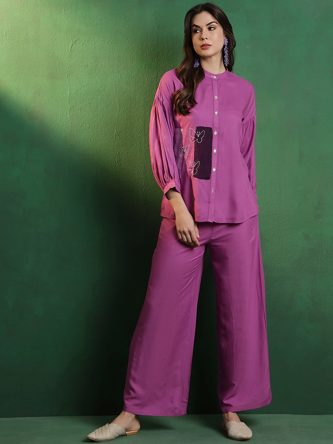 

Sangria Embroidered Viscose Silk Oversized Shirt With Palazzos, Purple