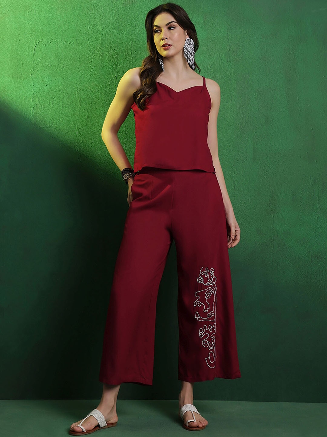 

Sangria Embellished Shoulder Straps Top & Palazzo Co-Ords, Maroon