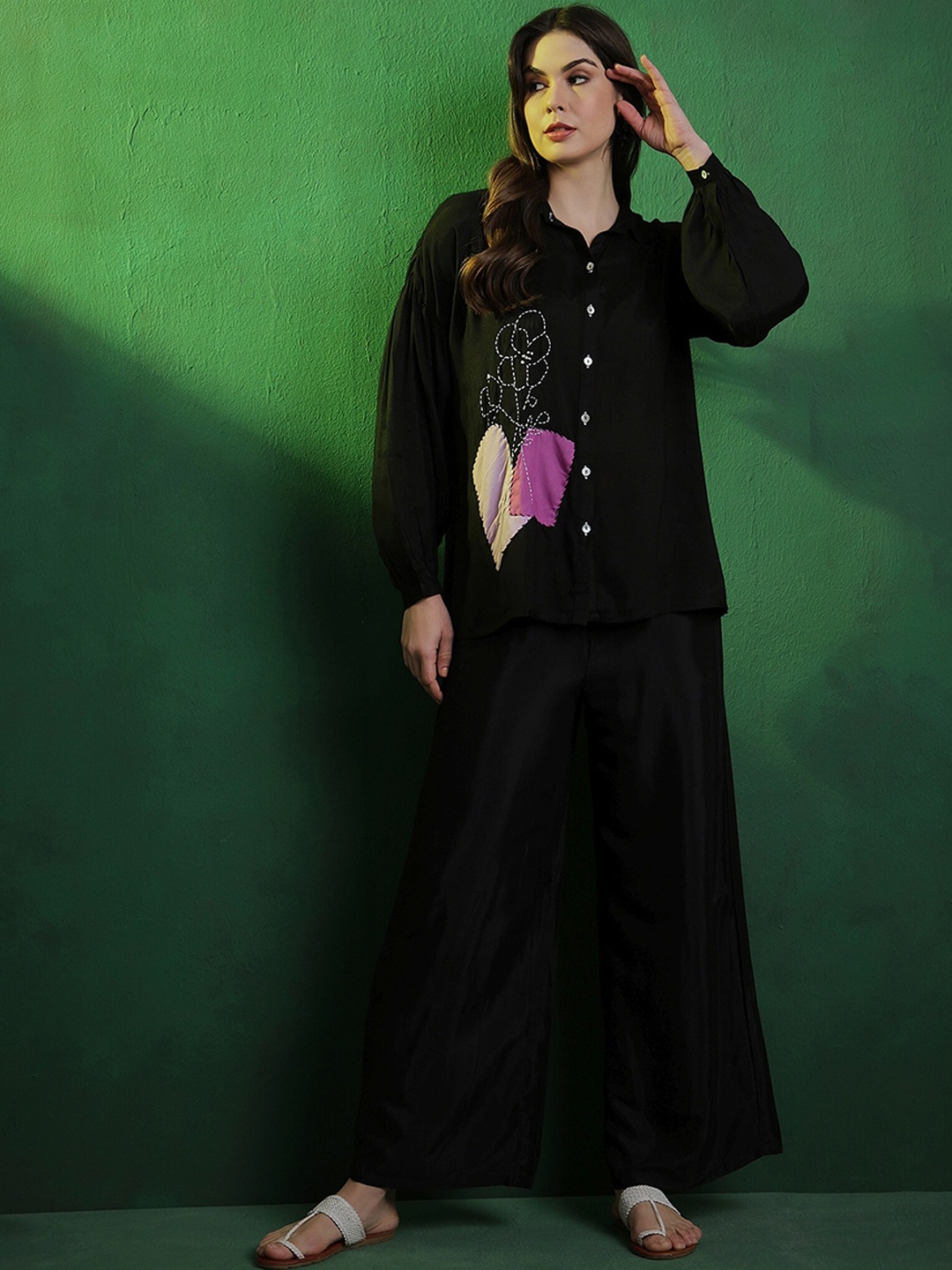 

Sangria Embroidered Viscose Silk Oversized Shirt With Palazzo Co-Ords, Black