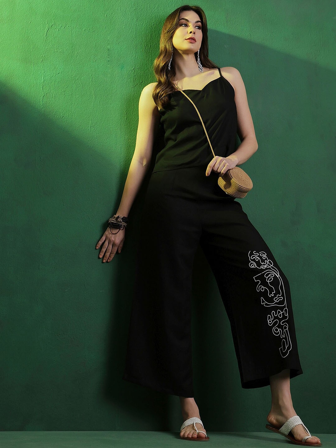 

Sangria Embellished Shoulder Straps Top & Palazzo Co-Ords, Black