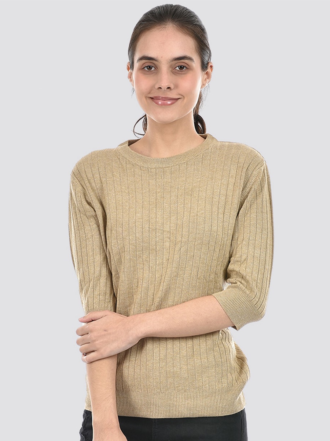 

PORTOBELLO Striped Pure Cotton Round Neck Pullover, Beige