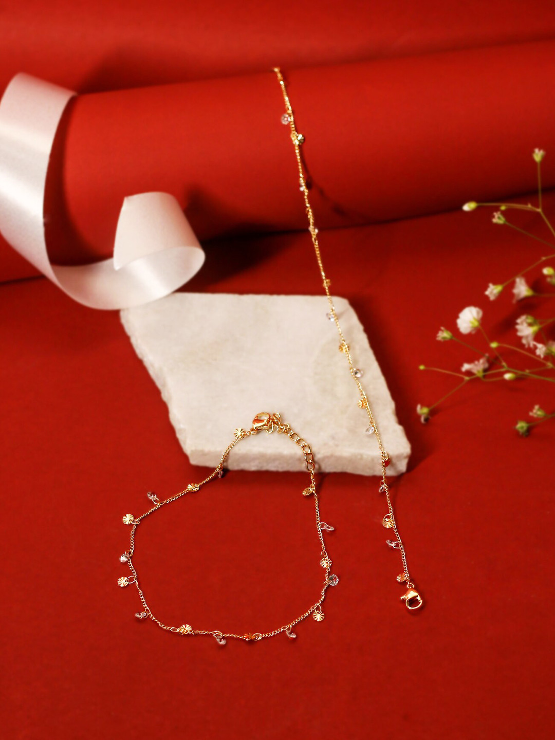 

VIRAASI Set Of 2 Gold-Plated Stone-Studded Anklets