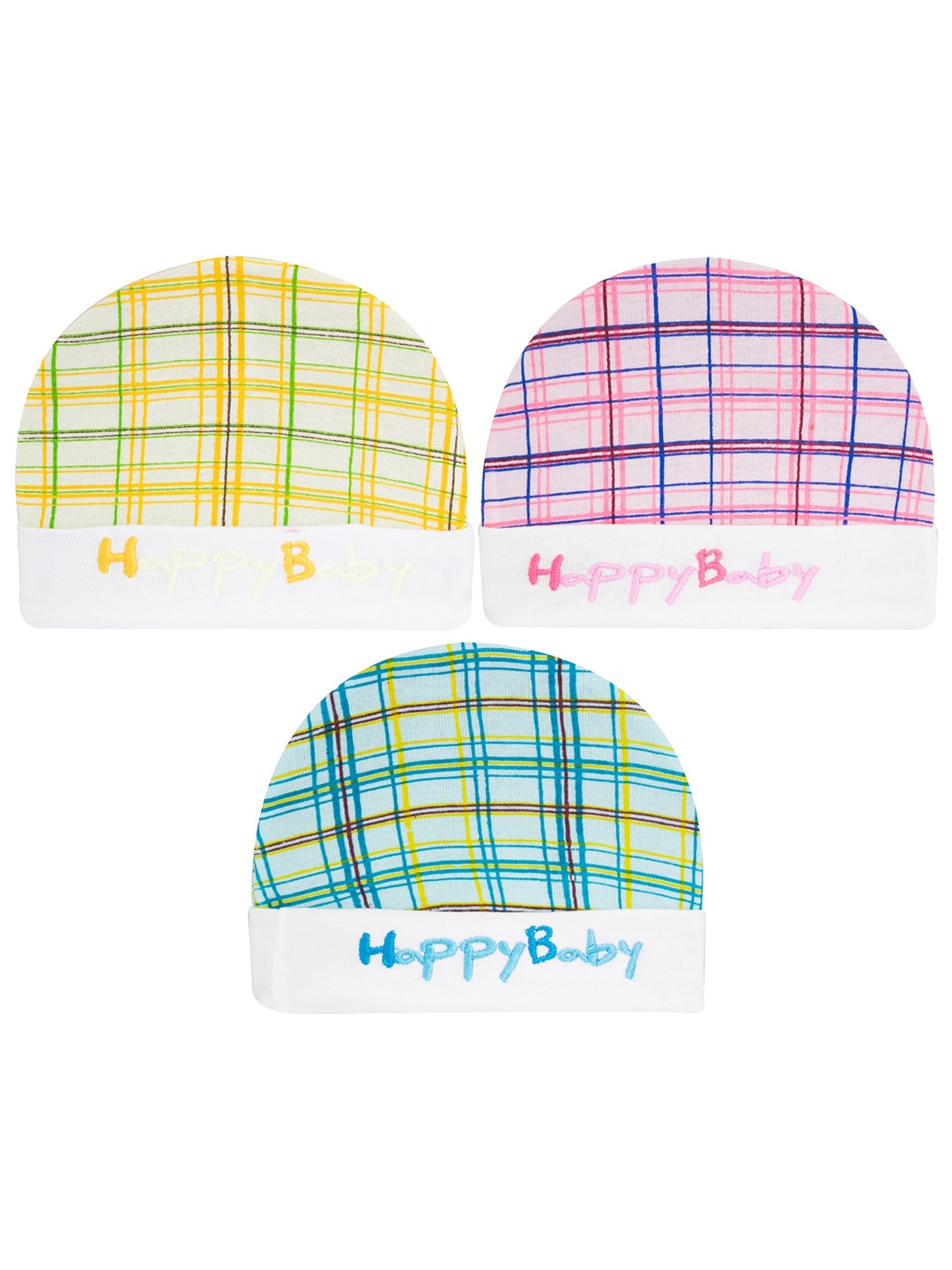 

BAESD Infants Pack Of 3 Checked Cotton Beanie, Yellow