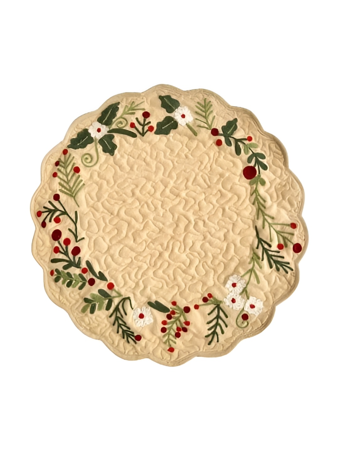 

BELLEVEN Beige & Green 4 Pieces Floral Embroidered Cotton Round Table Placemats