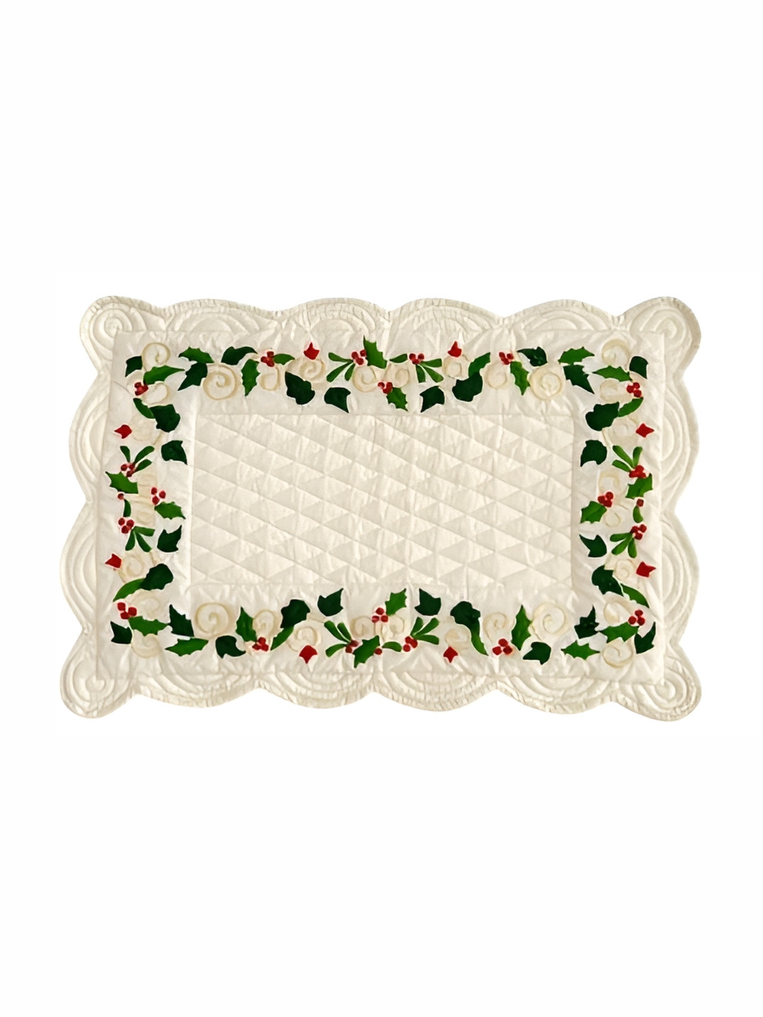 

BELLEVEN Off White & Green 4 Pieces Floral Embroidered Pure Cotton Quilted Table Placemats