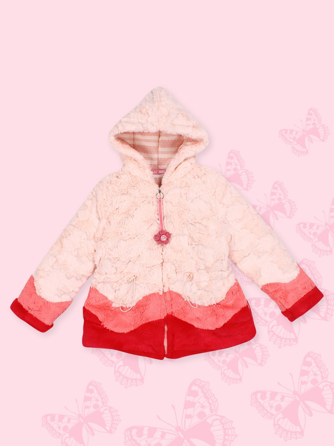 

CUTECUMBER Girls Self Design Hooded Crop Tailored Jacket, Peach