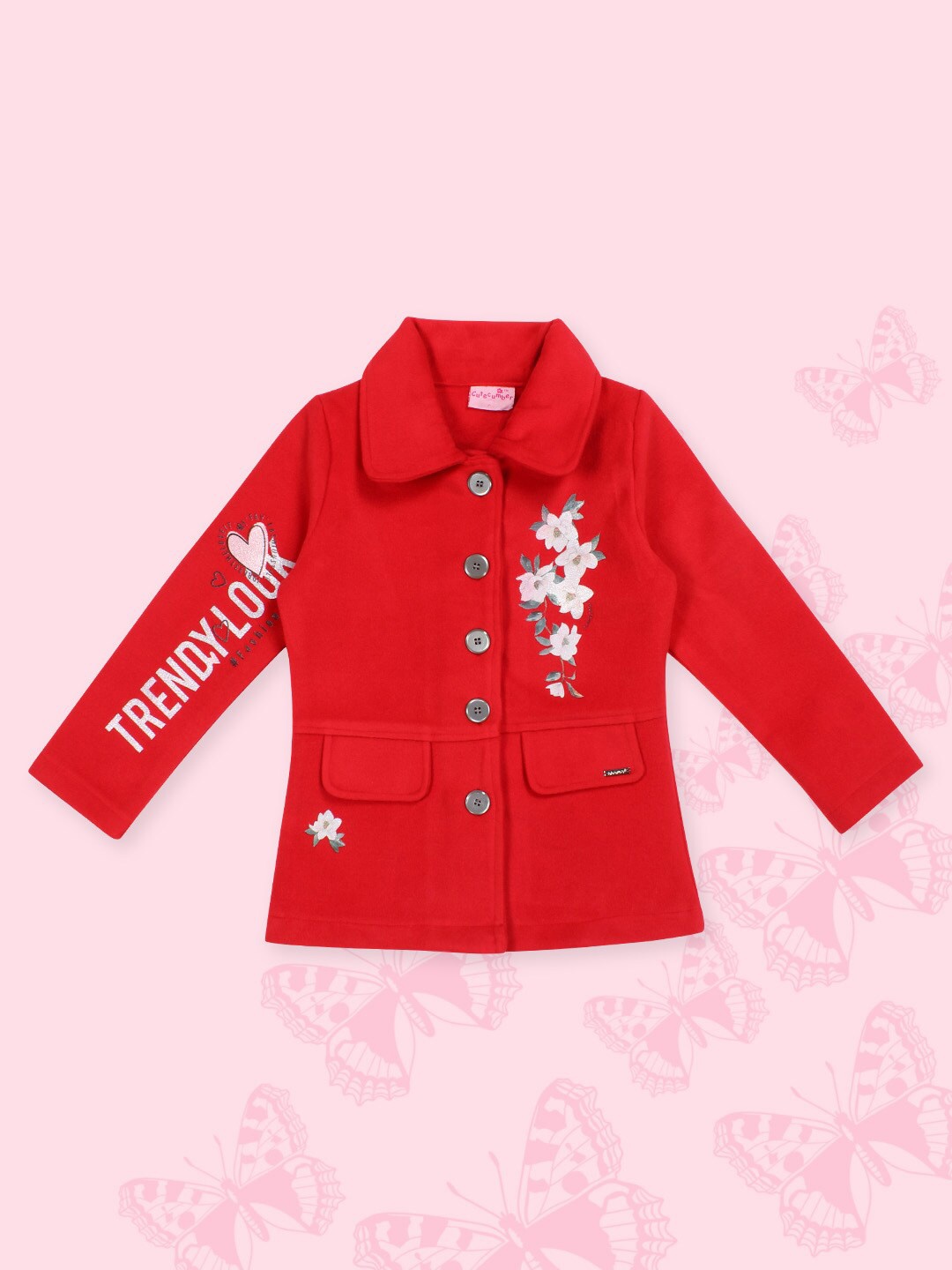 

CUTECUMBER Girls Floral Printed Tweed Overcoat, Red