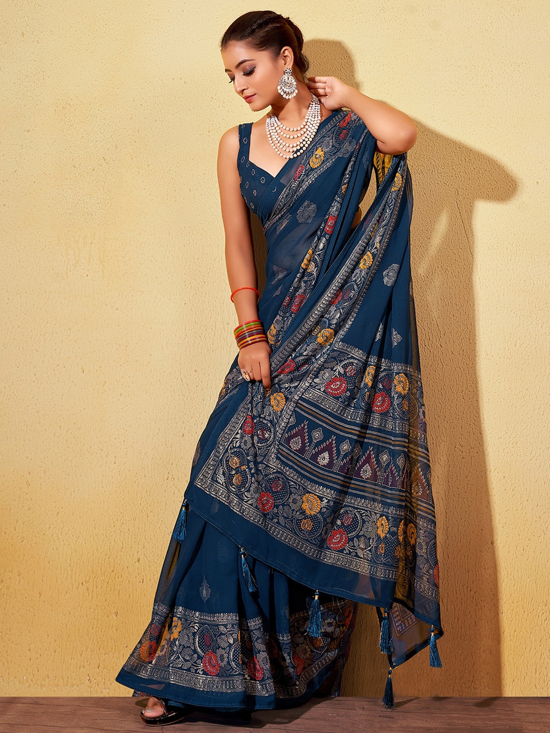 

Mitera Teal Blue & Gold Toned Ethnic Motifs Printed Zari Jamdani Saree