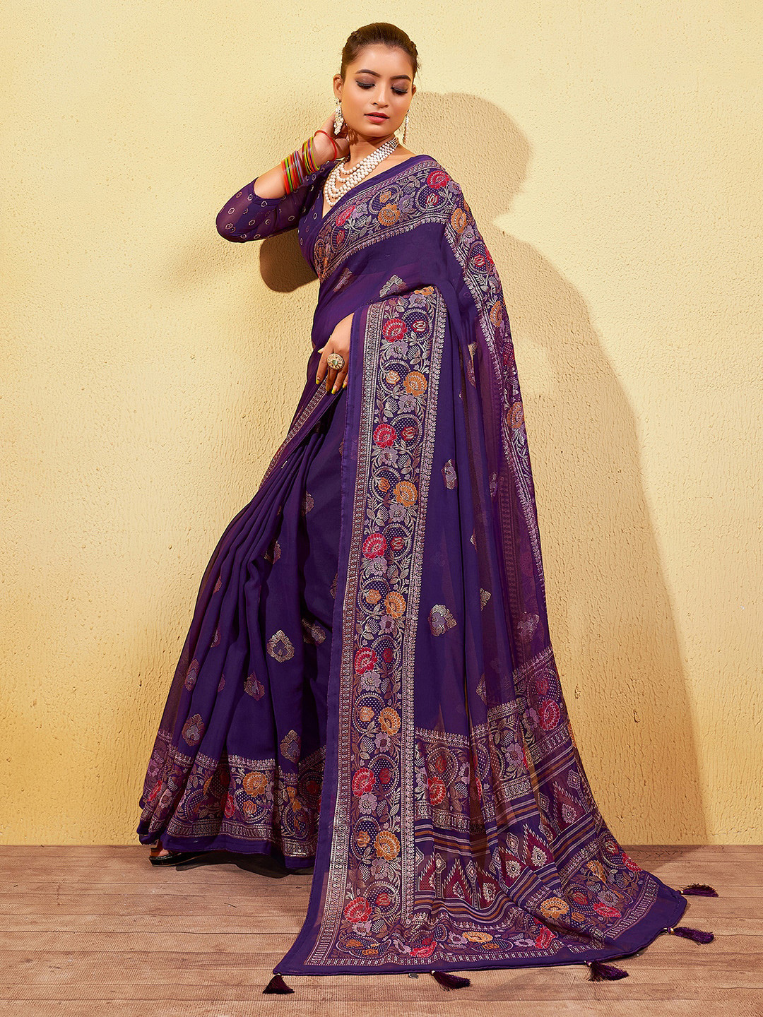 

Mitera Ethnic Motifs Foil Print Zari Designer Jamdani Saree, Purple