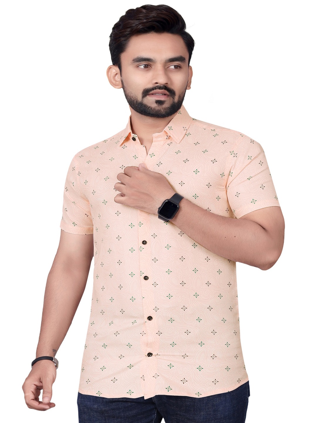 

Bought First Premium Conversational Printed Organic Cotton Opaque Casual Shirt, Peach