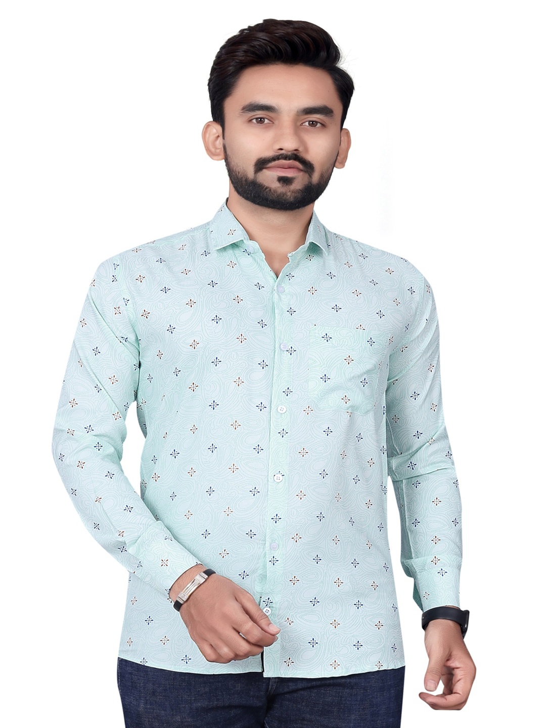 

Bought First Premium Conversational Printed Organic Cotton Opaque Casual Shirt, Turquoise blue
