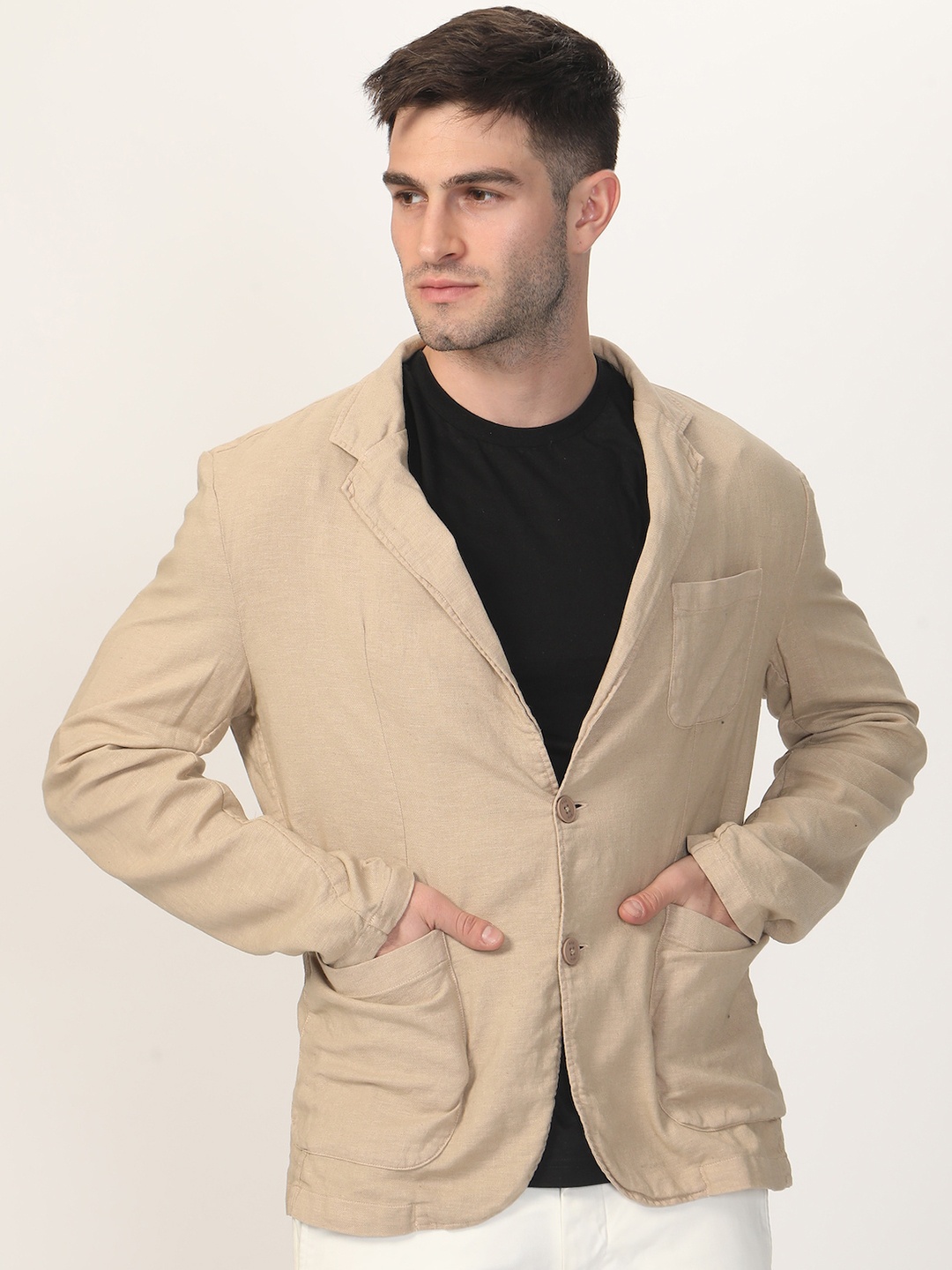 

POE Notched Lapel Collar Cotton Linen Slim-Fit Single Breasted Casual Blazer, Khaki