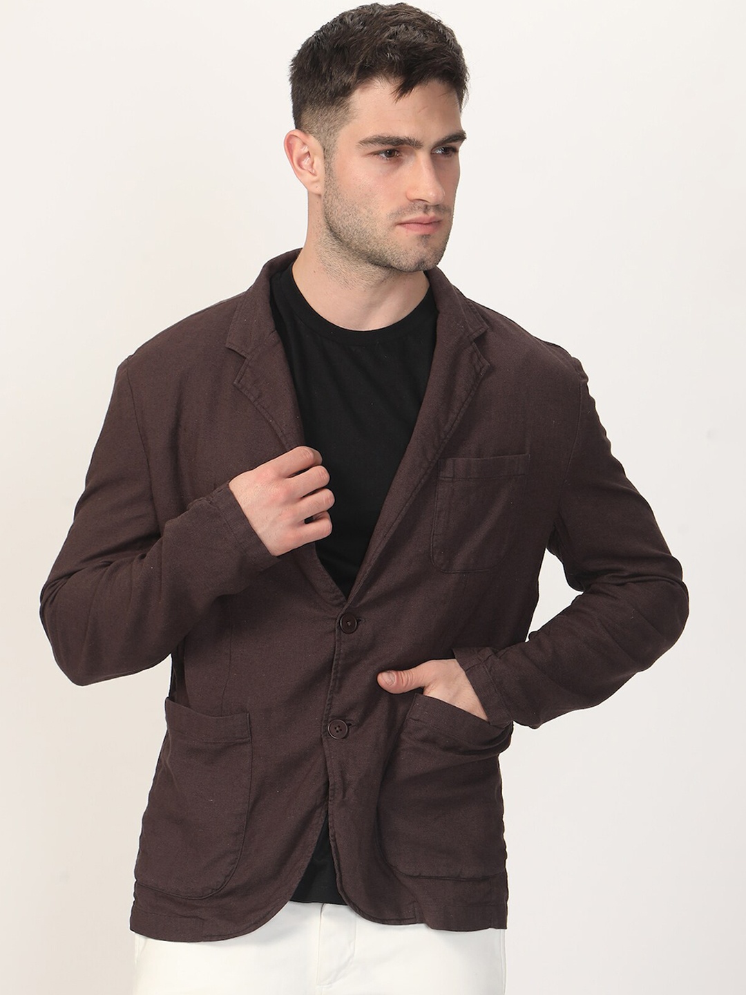 

POE Slim-Fit Notched Lapel Cotton Linen Single-Breasted Blazer, Brown