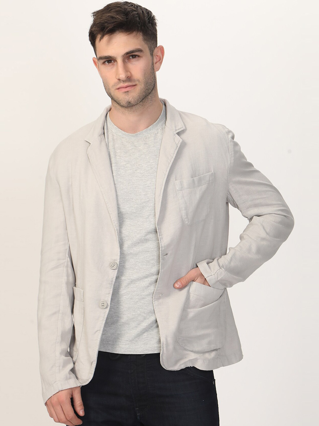 

POE Notched Lapel Collar Cotton Linen Slim-Fit Single Breasted Casual Blazer, Grey