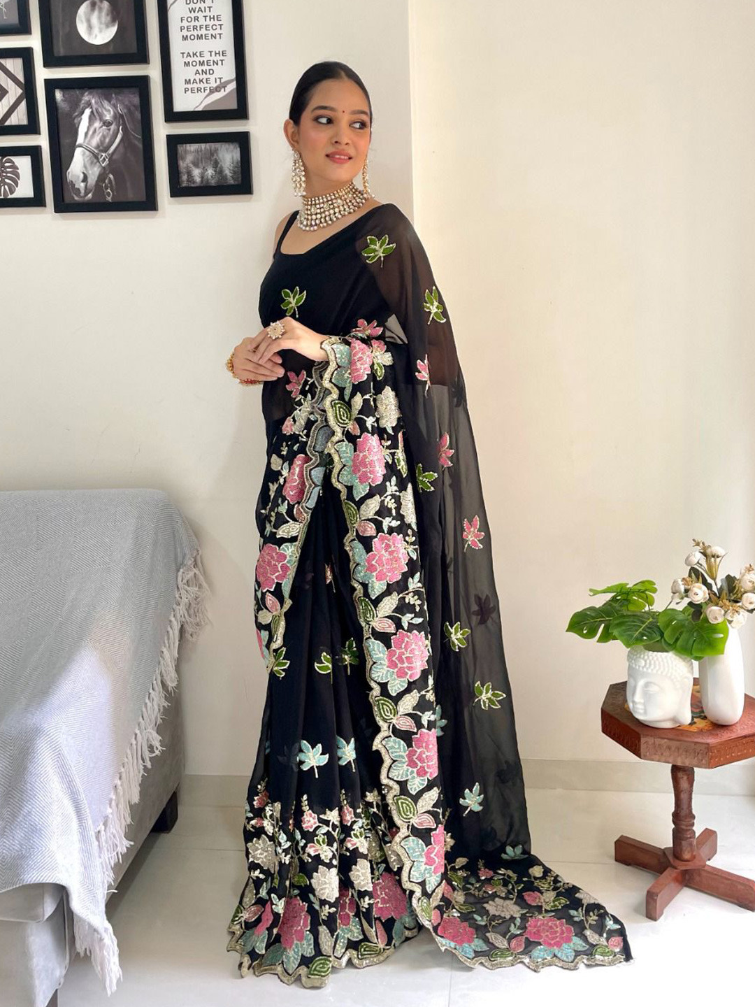 

RadadiyaTRD Floral Embroidered Sequinned Pure Georgette Saree, Black