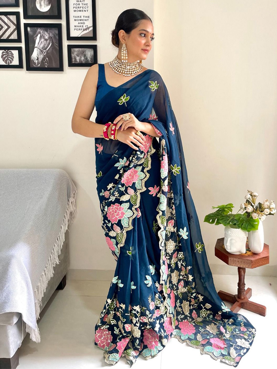 

RadadiyaTRD Floral Embroidered Sequinned Pure Georgette Saree, Navy blue