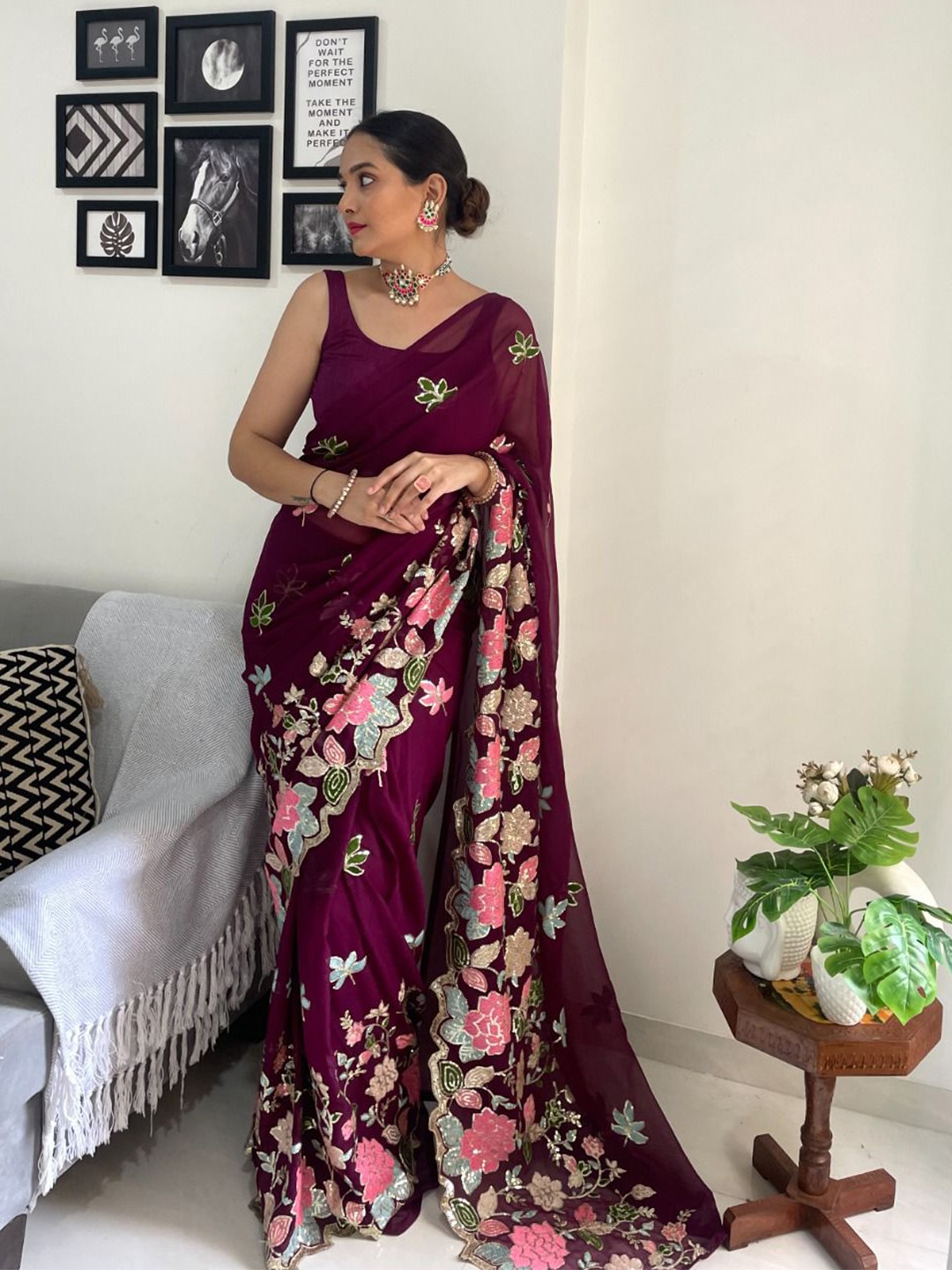 

RadadiyaTRD Floral Embroidered Sequinned Pure Georgette Saree, Magenta