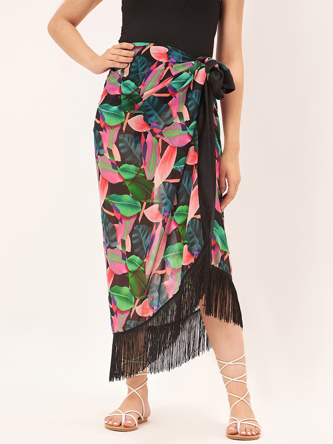 

First Resort by Ramola Bachchan Tropical Printed Swimwear Cover-Up Sarong, Black