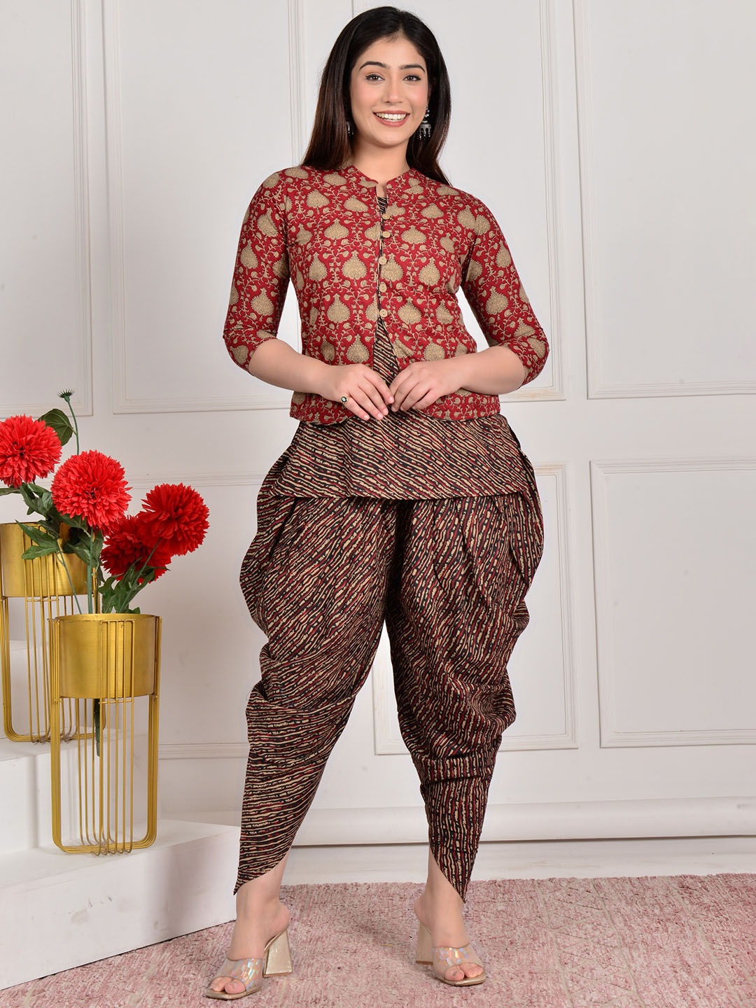 

Gujari Leheriya Printed Pure Cotton Straight Kurta With Dhoti Pant & Jacket, Brown