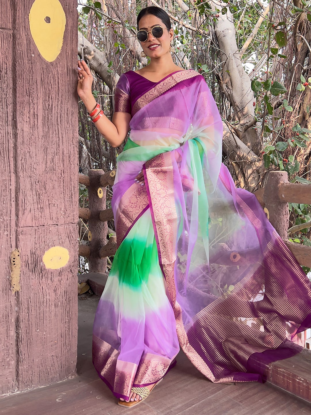 

Mitera Purple & Green Ombre Zari Organza Saree