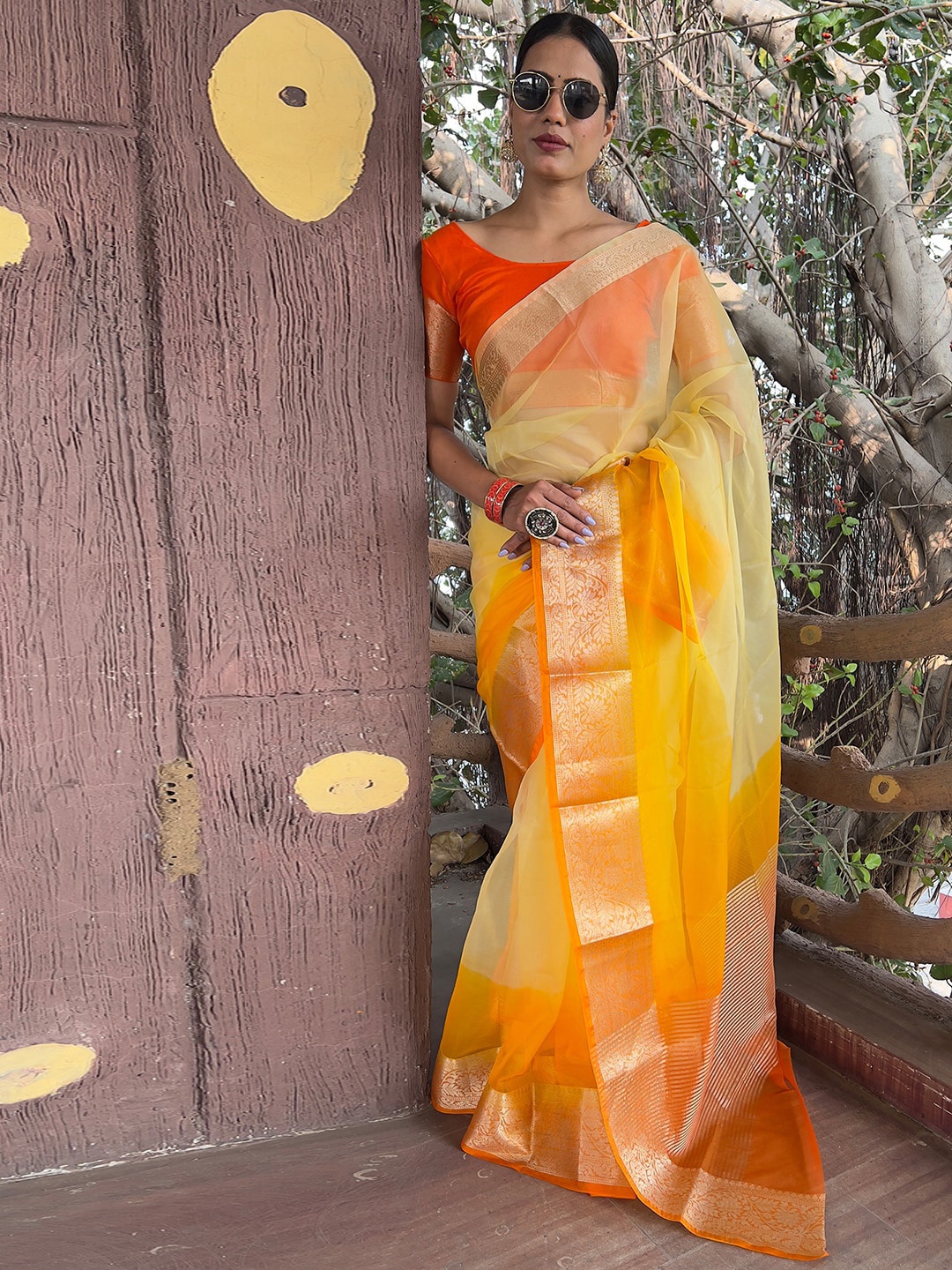 

Mitera Ombre Zari Organza Saree, Orange