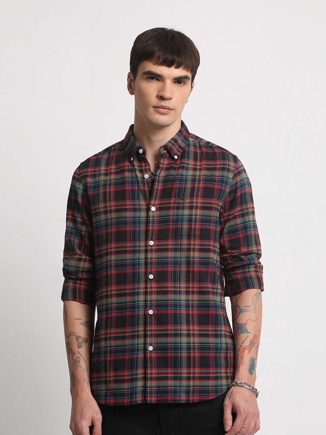

THE BEAR HOUSE Button Down Collar Long Sleeves Slim Fit Checked Casual Shirt, Brown
