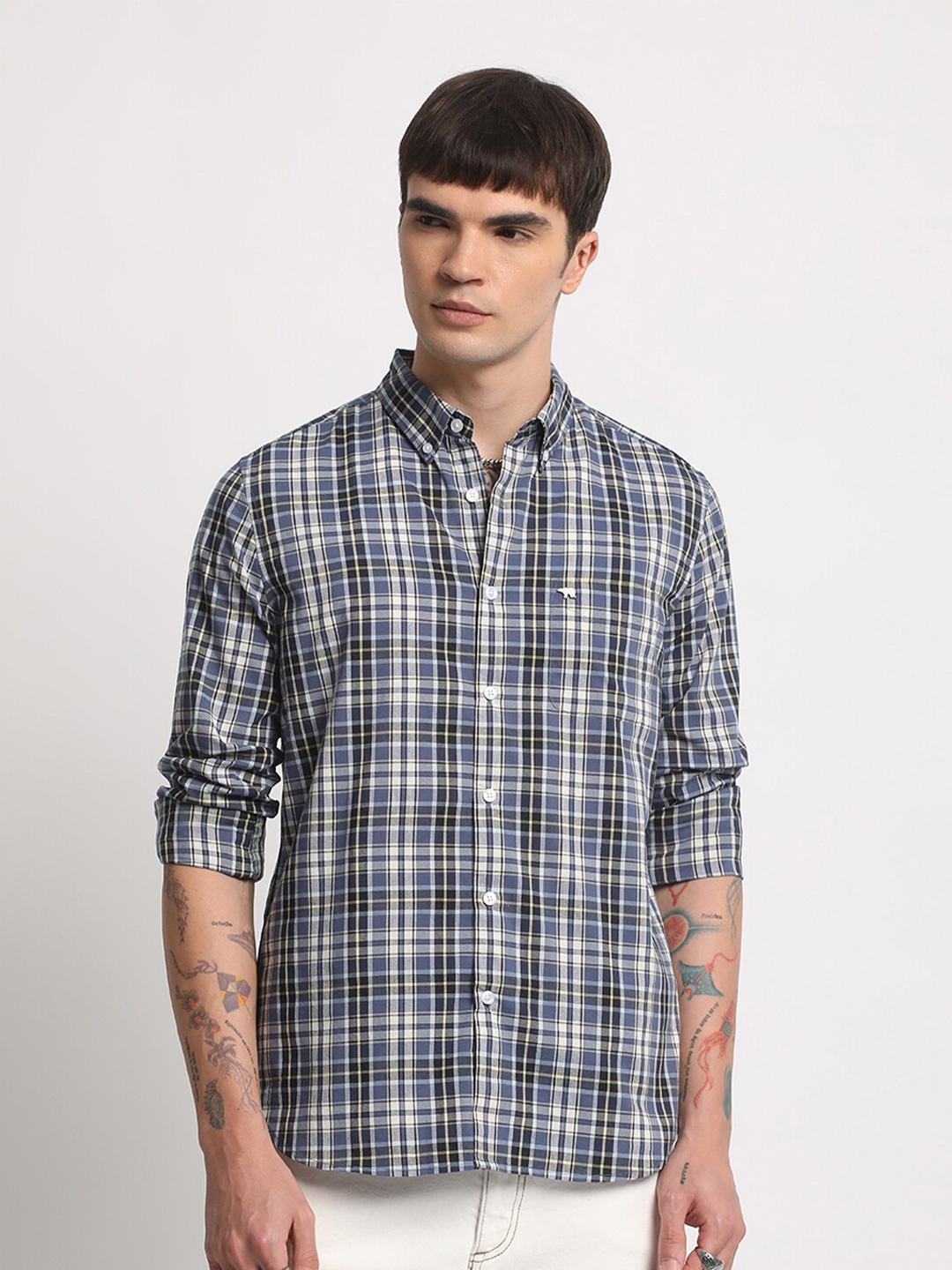 

THE BEAR HOUSE Button Down Collar Long Sleeves Slim Fit Checked Casual Cotton Shirt, Blue