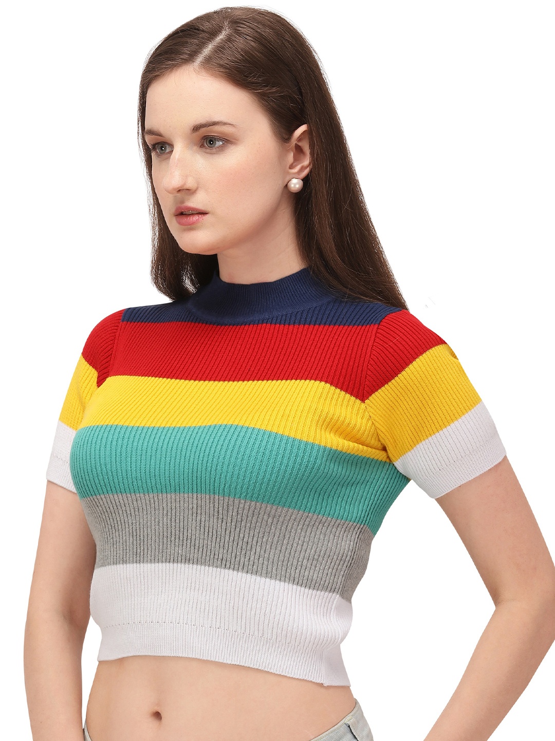 

GETCHI High Neck Striped Woollen Crop Top, Red