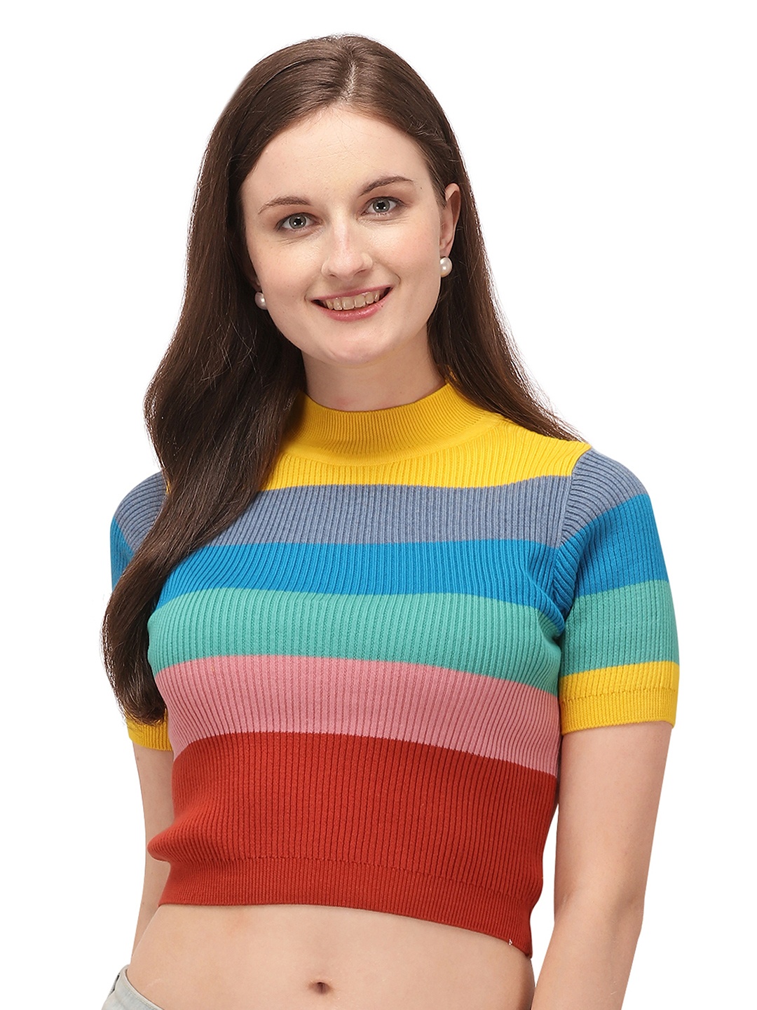 

GETCHI Striped High Neck Woolen Fitted Crop Top, Yellow