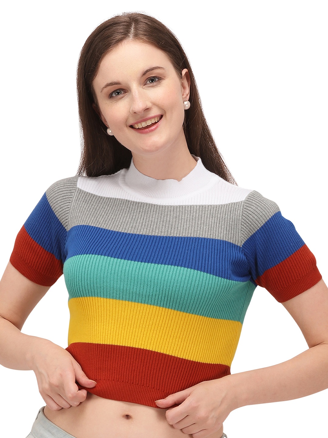 

GETCHI Striped High Neck Woolen Fitted Crop Top, Yellow