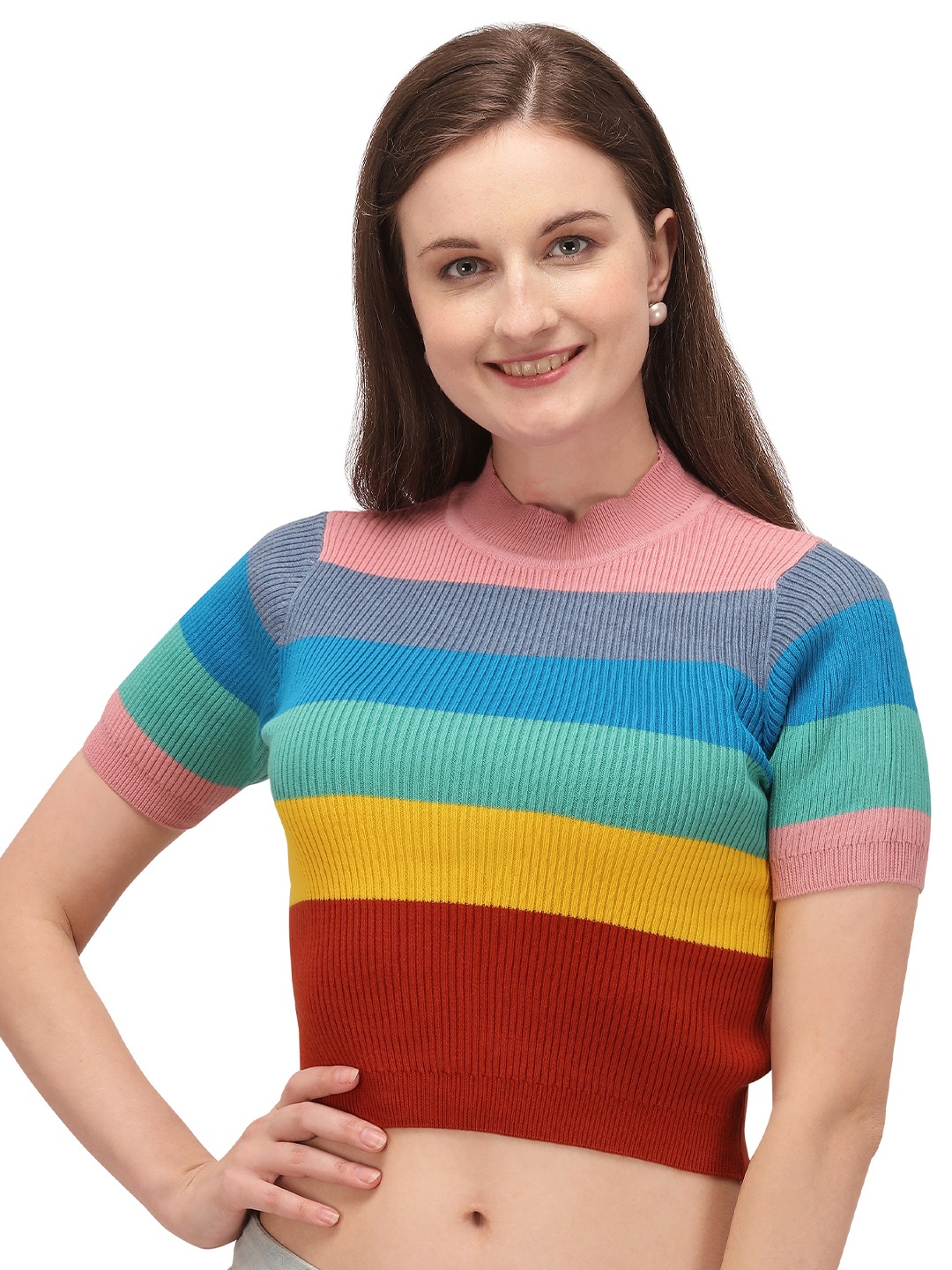 

GETCHI Striped High Neck Woolen Fitted Crop Top, Yellow