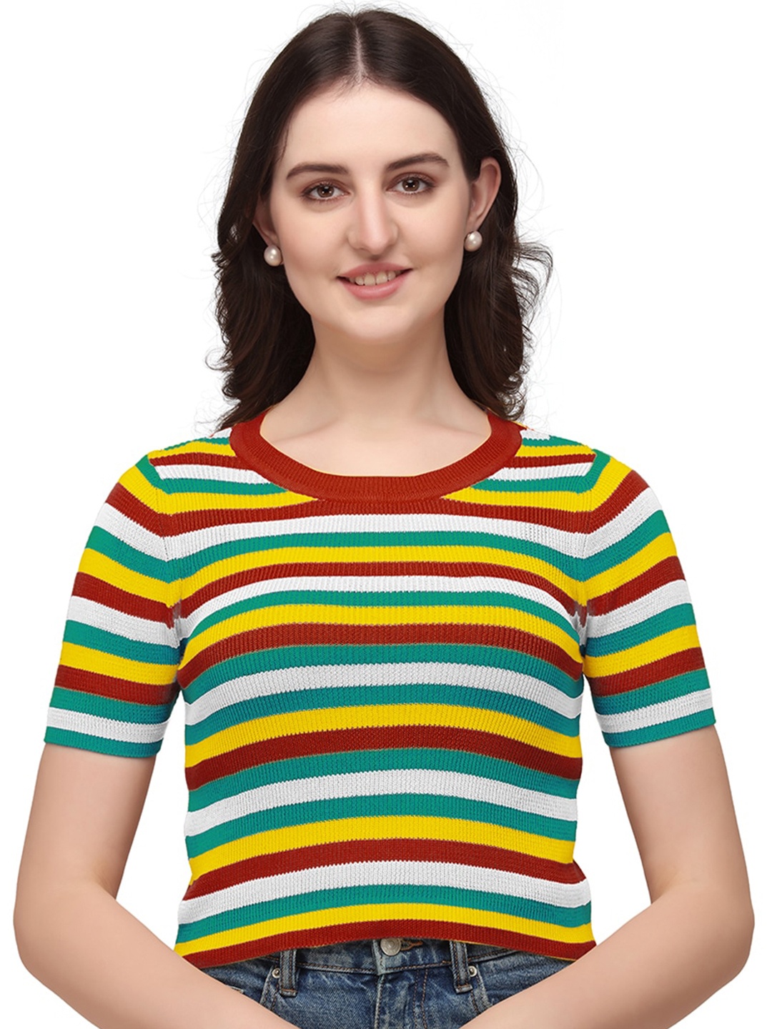 

GETCHI Horizontal Stripes Woollen Round Neck Opaque Striped Top, Brown