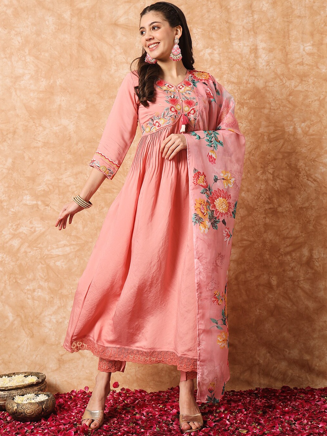 

KALINI Floral Embroidered Pleated Thread Work Kurta with Trousers & Dupatta, Pink