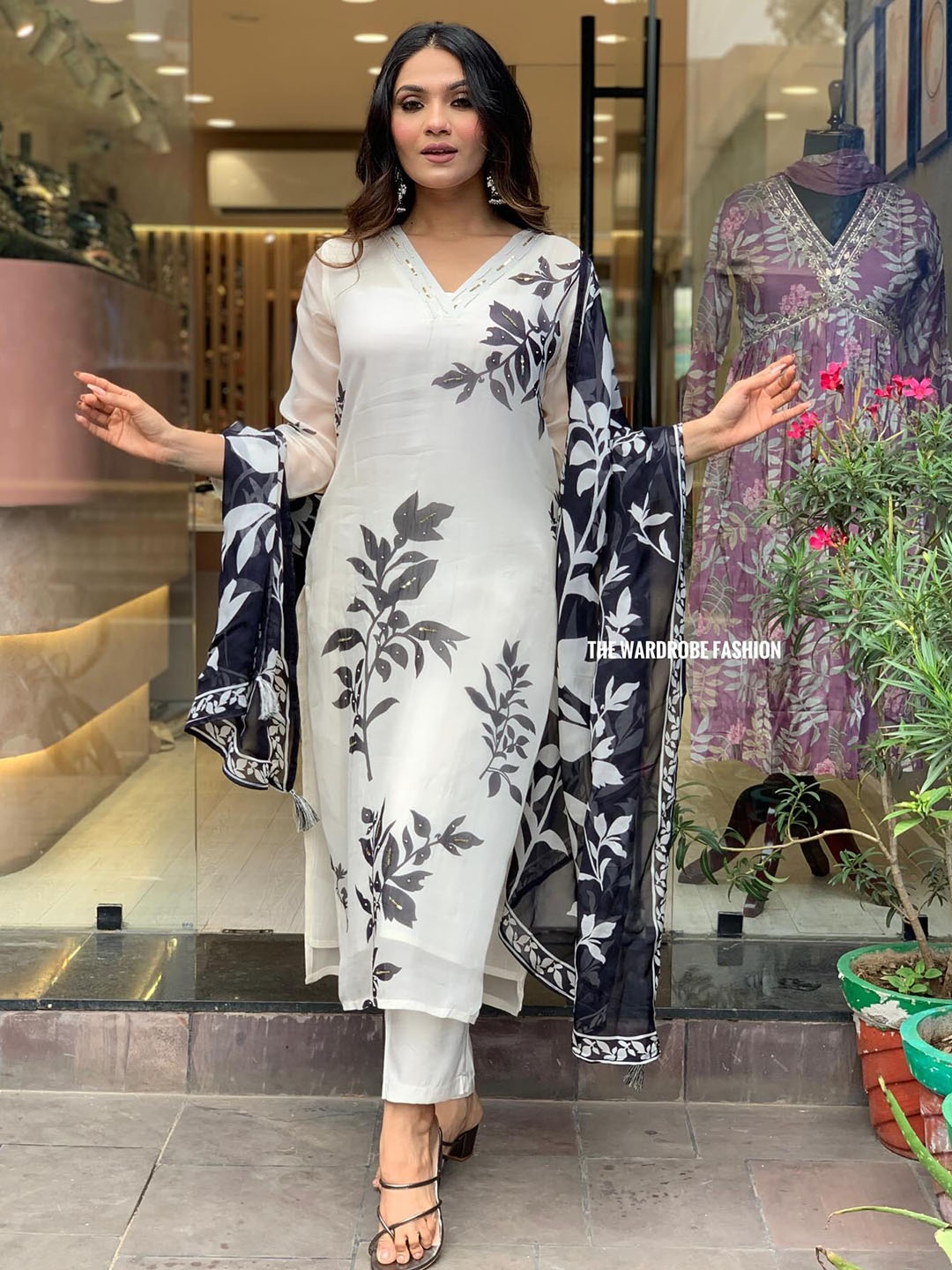 

KALINI Floral Printed Straight Kurta with Trousers & With Dupatta, White