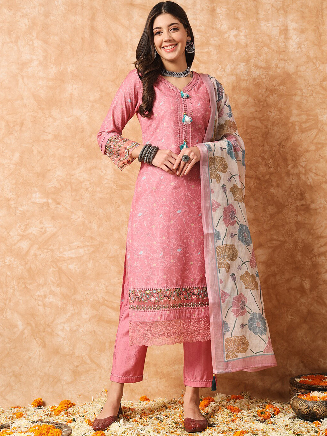 

KALINI Floral Printed Regular Thread Work Linen Cotton Kurta with Trousers & Dupatta, Peach