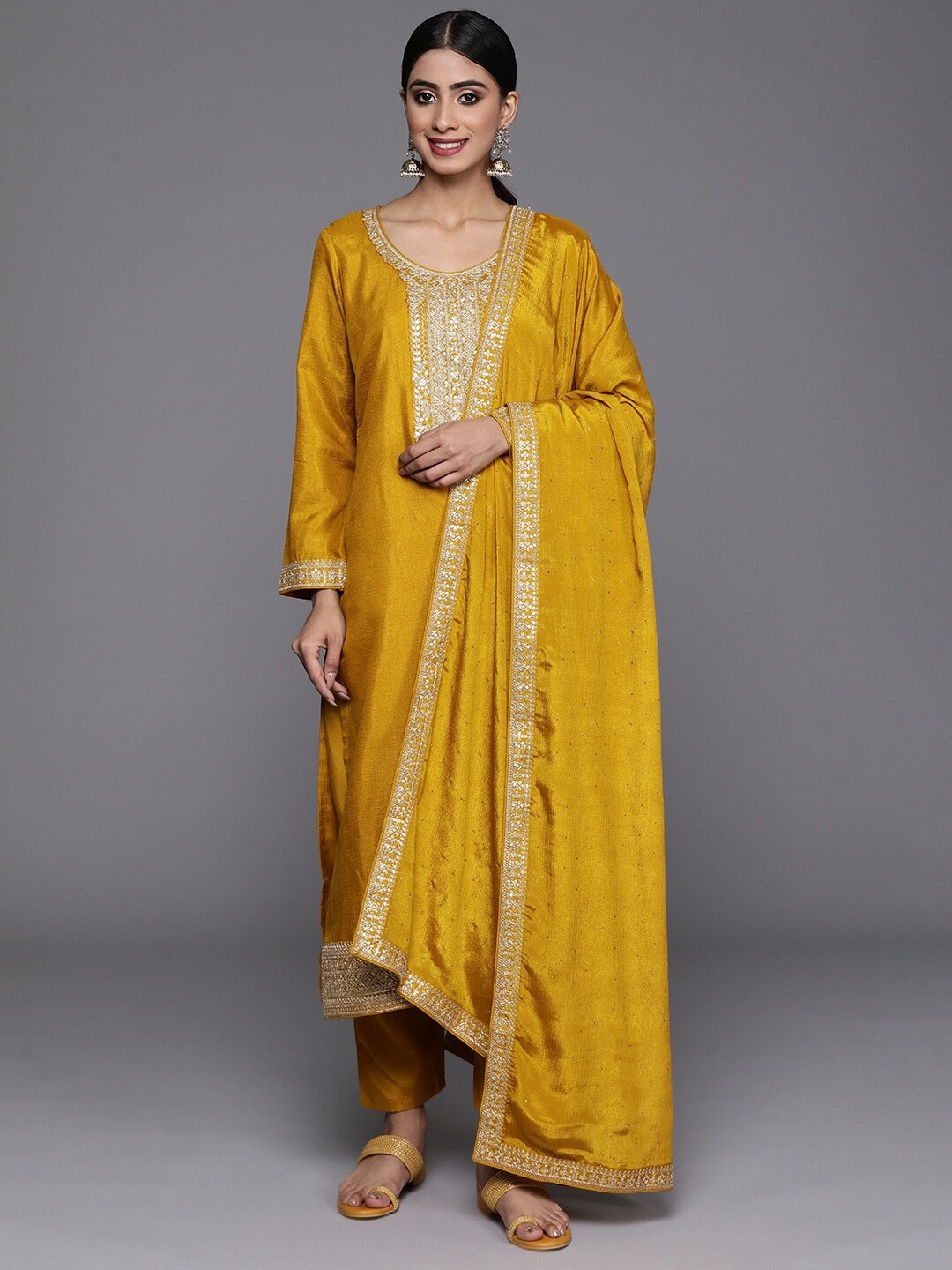 

KALINI Ethnic Moif Embroidered Straight Kurta & Trousers With Dupatta, Mustard