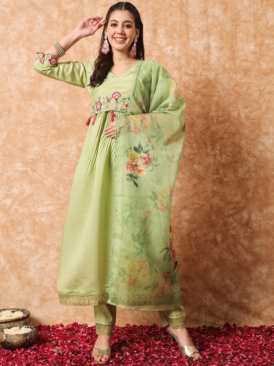

KALINI Floral Embroidered Pleated A-Line Kurta & Trousers With Dupatta, Olive