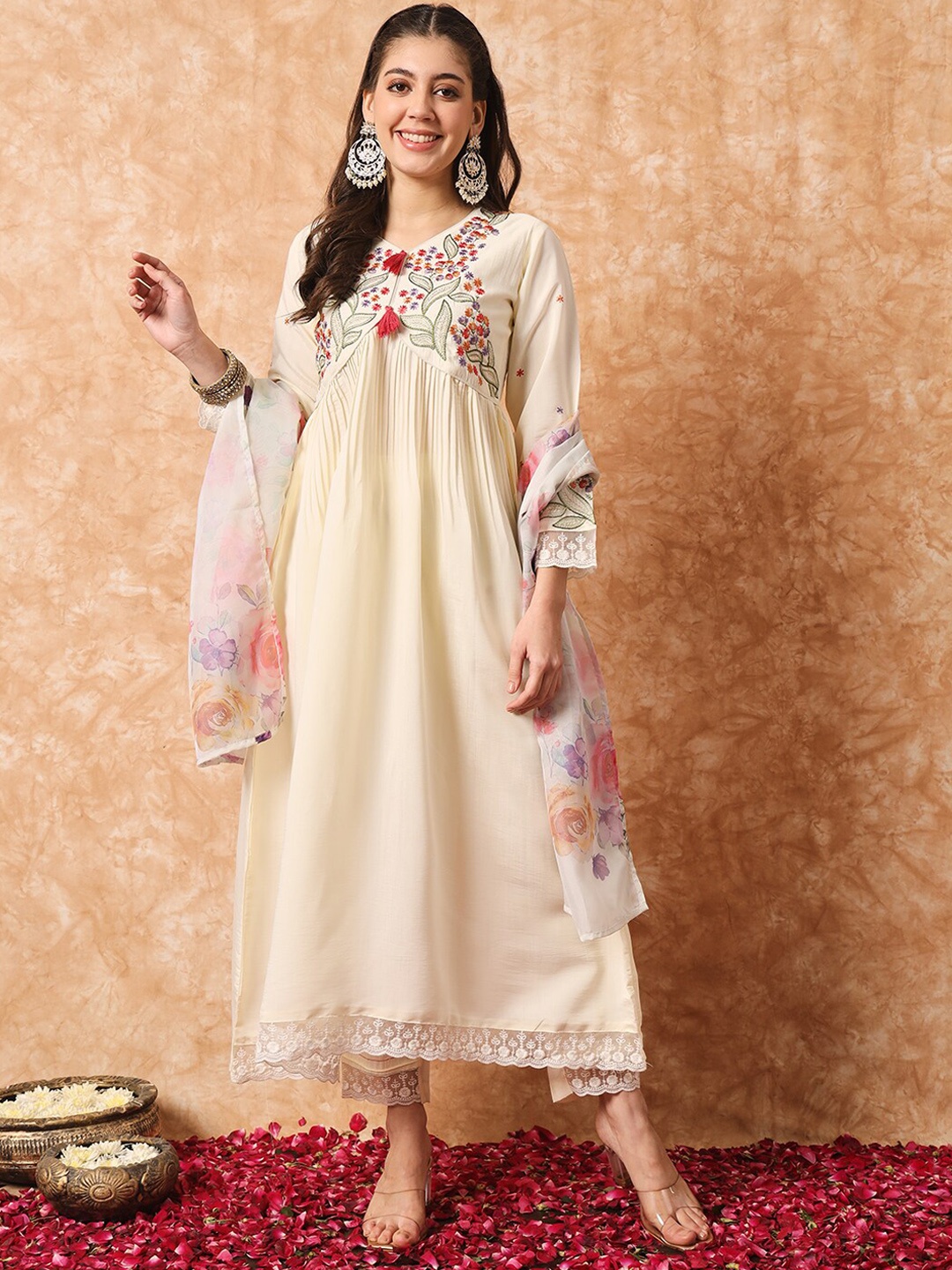 

KALINI Floral Embroidered Pleated A-Line Kurta & Trousers With Dupatta, Off white