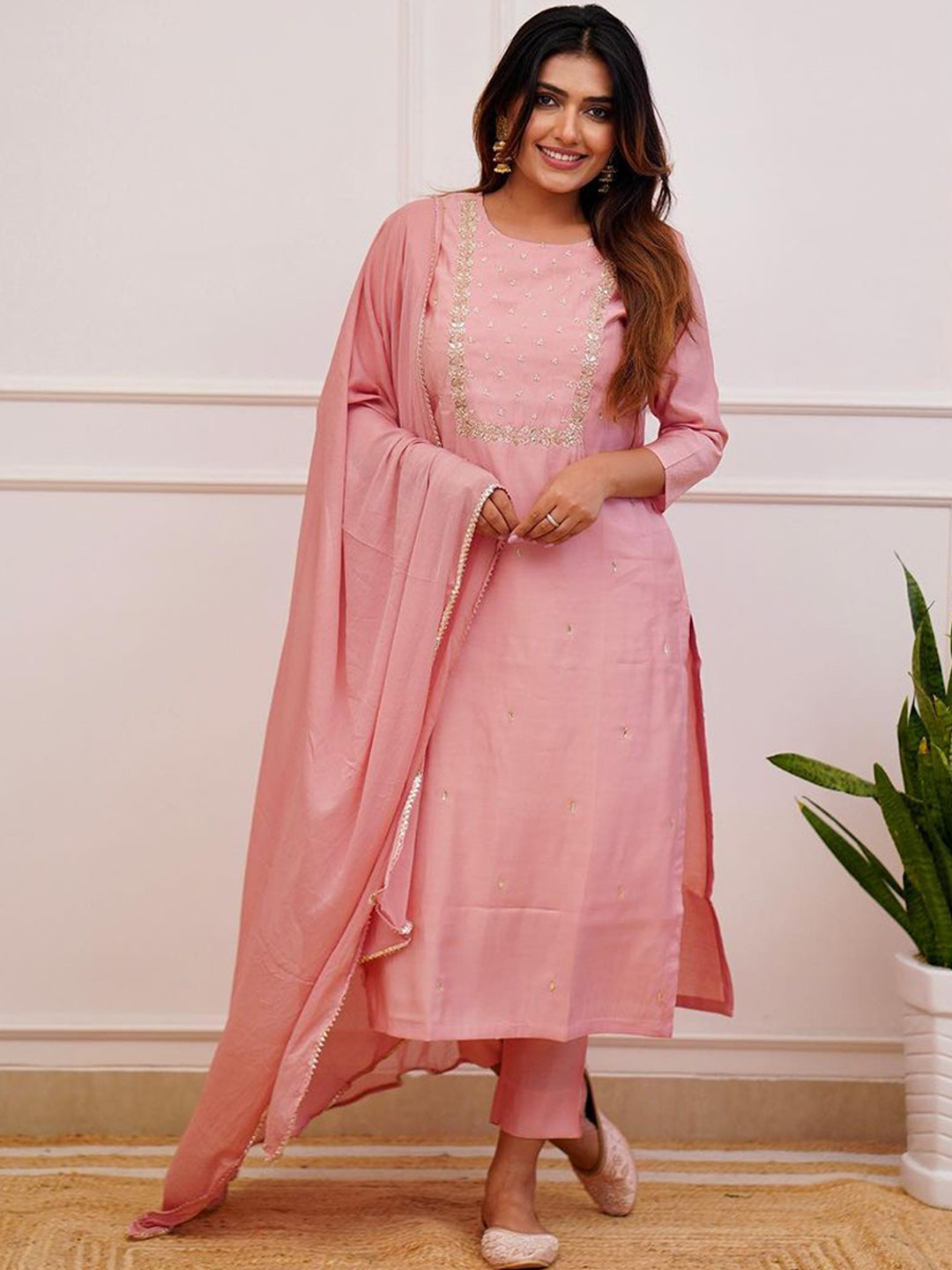 

KALINI Floral Embroidered Yoke Beads & Stones Straight Kurta & Trousers With Dupatta, Peach