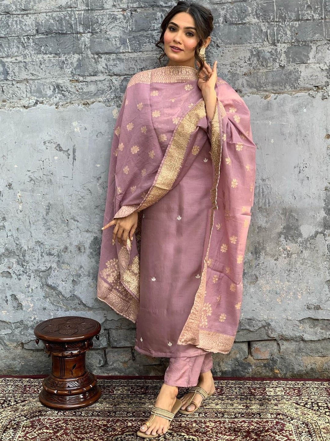 

KALINI Ethnic Motif Embroidered Straight Kurta & Trousers With Dupatta, Mauve