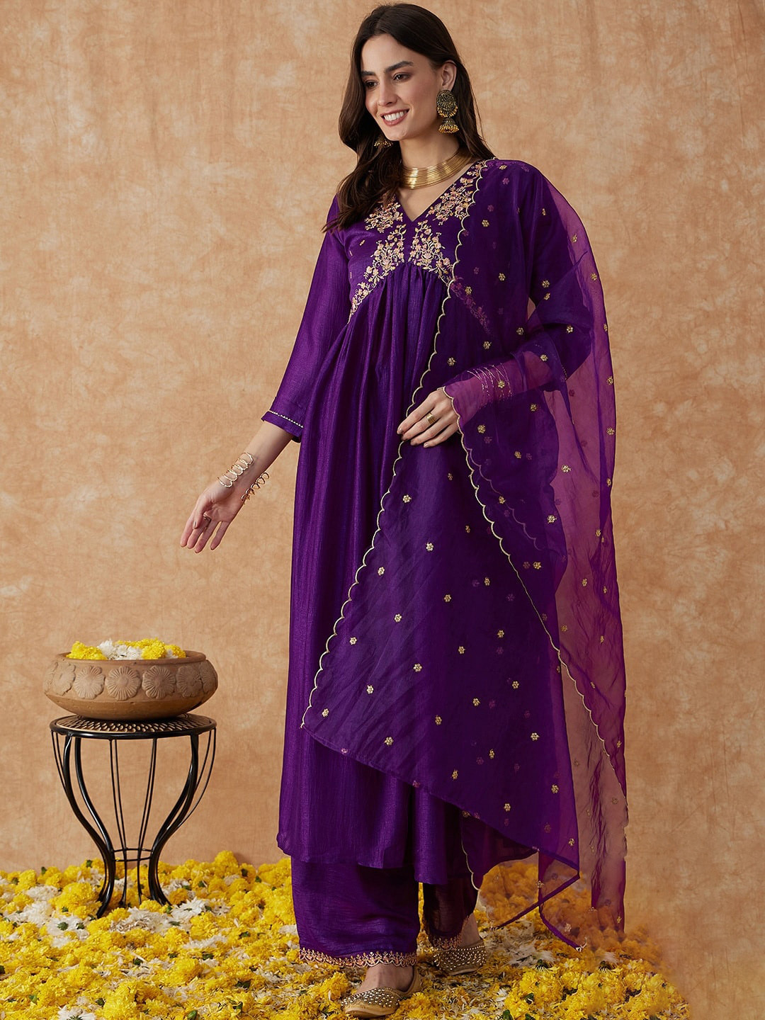 

KALINI Floral Embroidered Empire Kurta With Palazzos & Dupatta, Purple