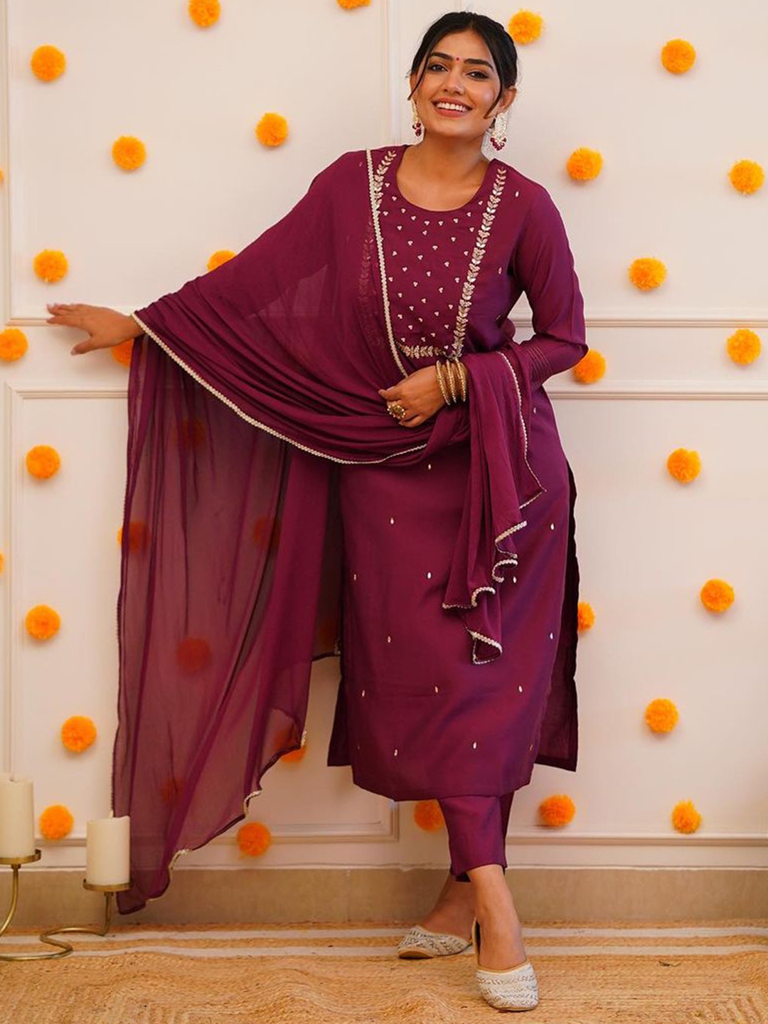 

KALINI Embroidered Straight Kurta with Trousers & With Dupatta, Purple