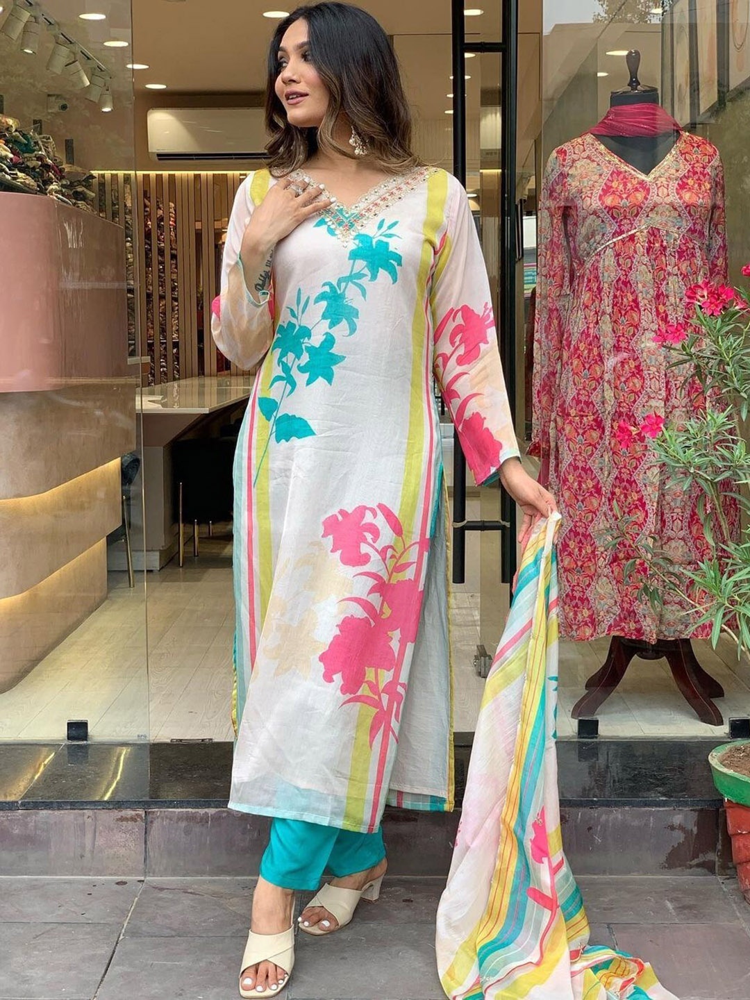 

KALINI Floral Printed Organza Kurta with Trousers & With Dupatta, White