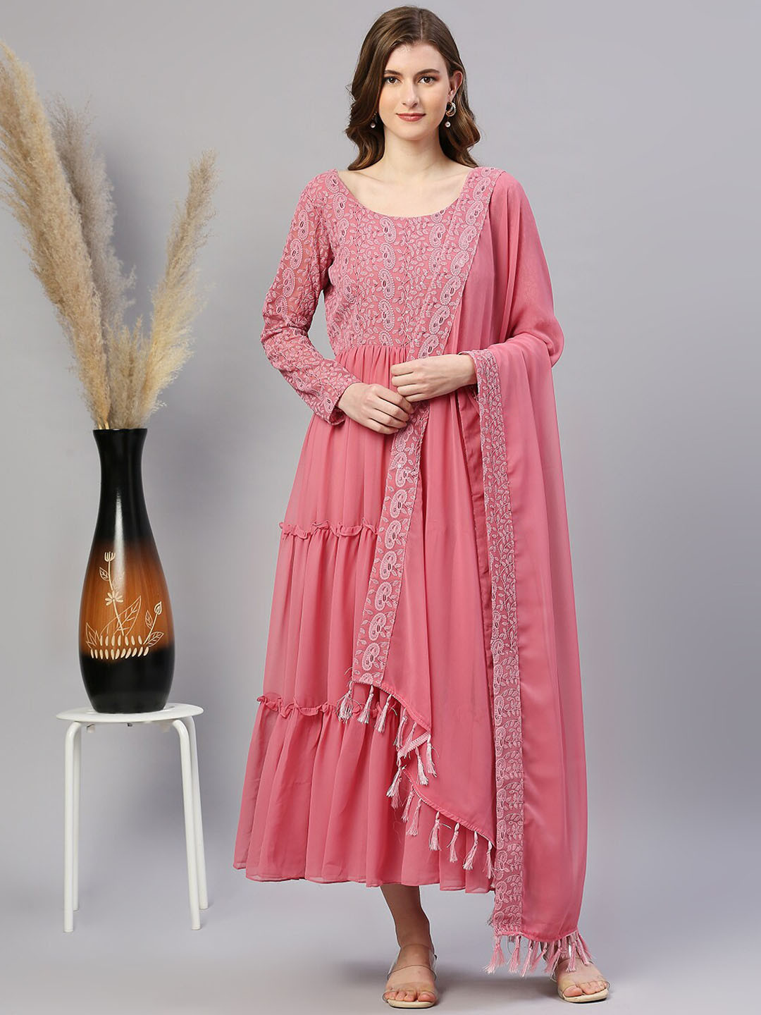 

KALINI Ethnic Motifs Embroidered Tiered Fit & Flared Georgette Ethnic Dress With Dupatta, Pink