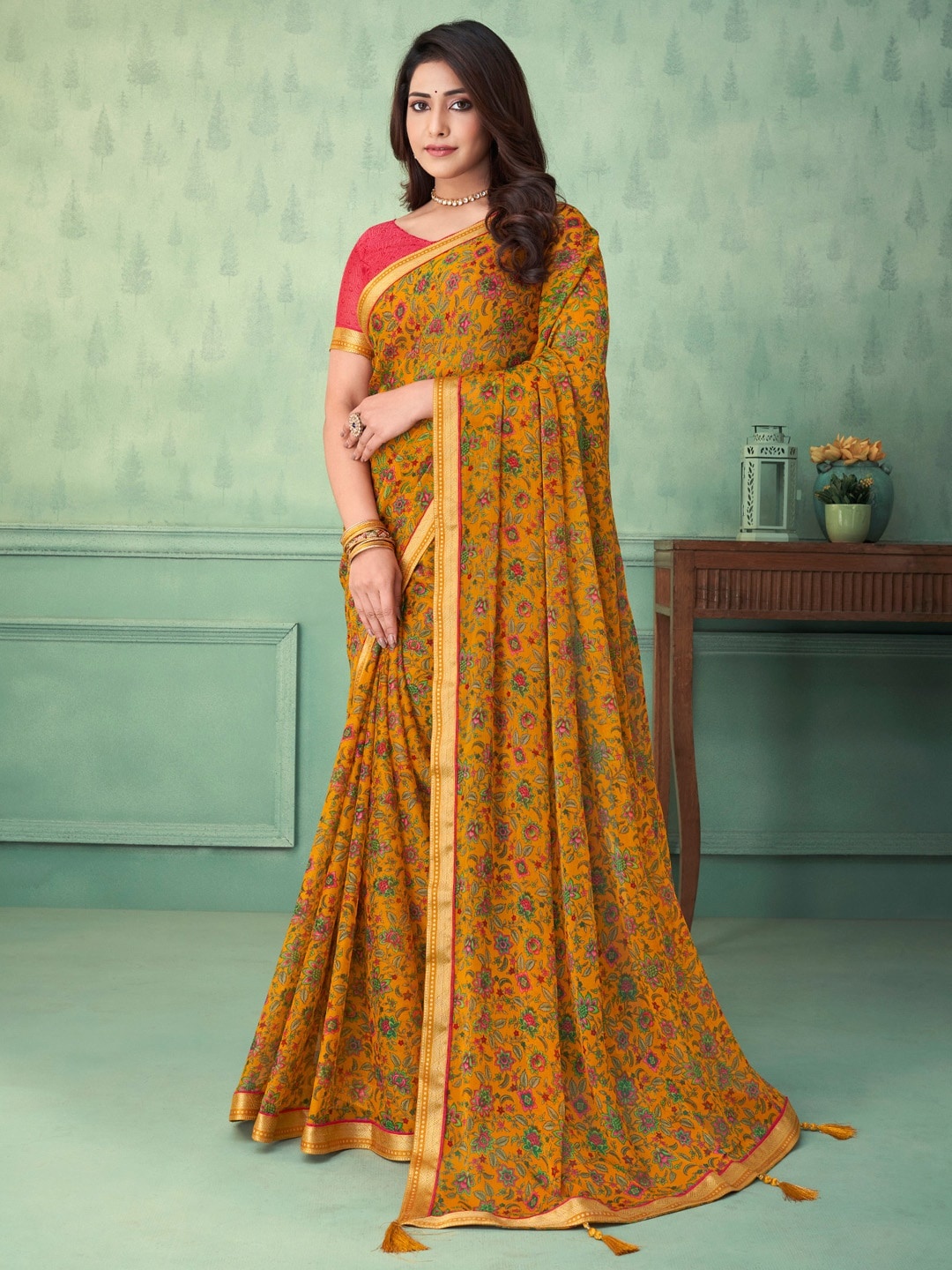 

Anouk Floral printed Pure Chiffon Bagru Saree, Mustard