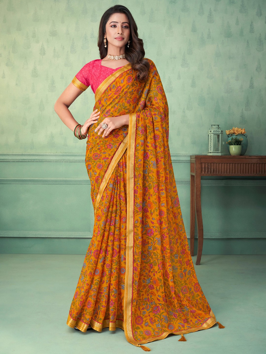 

Anouk Floral Printed Zari Pure Chiffon Bagru Saree, Mustard