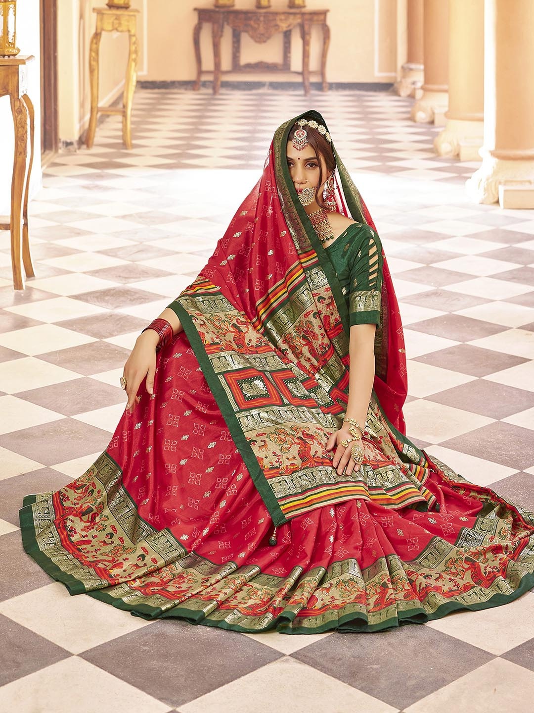 

Satrani Ethnic Motifs Zari Sambalpuri Saree, Red