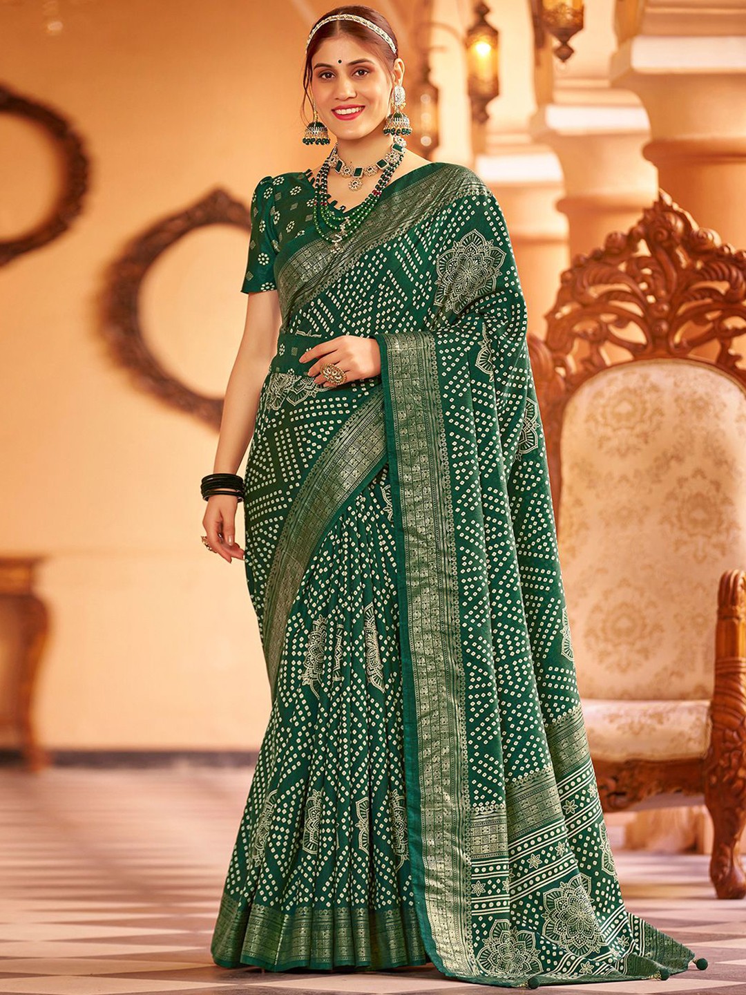 

Satrani Bandhani Zari Bandhani Saree, Green