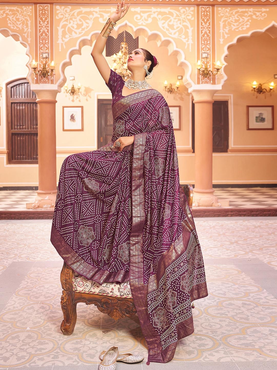 

Satrani Bandhani Zari Bandhani Saree, Purple
