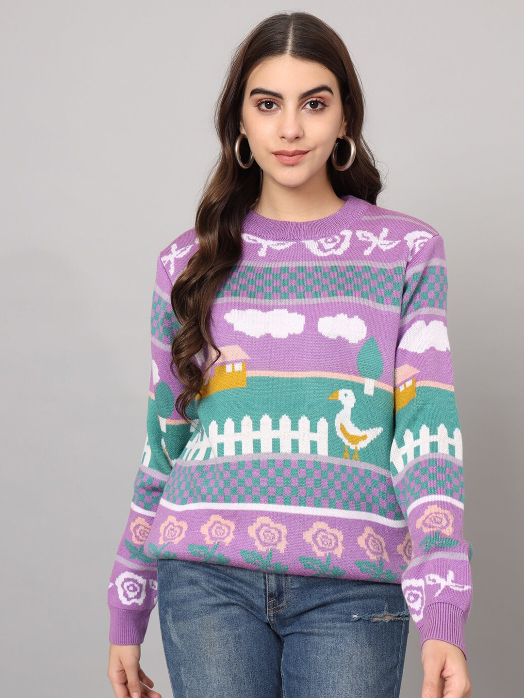 

The Dry State Lavender-Coloured Graphic Printed Acrylic Pullover Sweater
